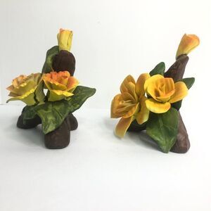vintage yellow flower ceramic decor garden knick knacks 4.5 inch tall rose log
